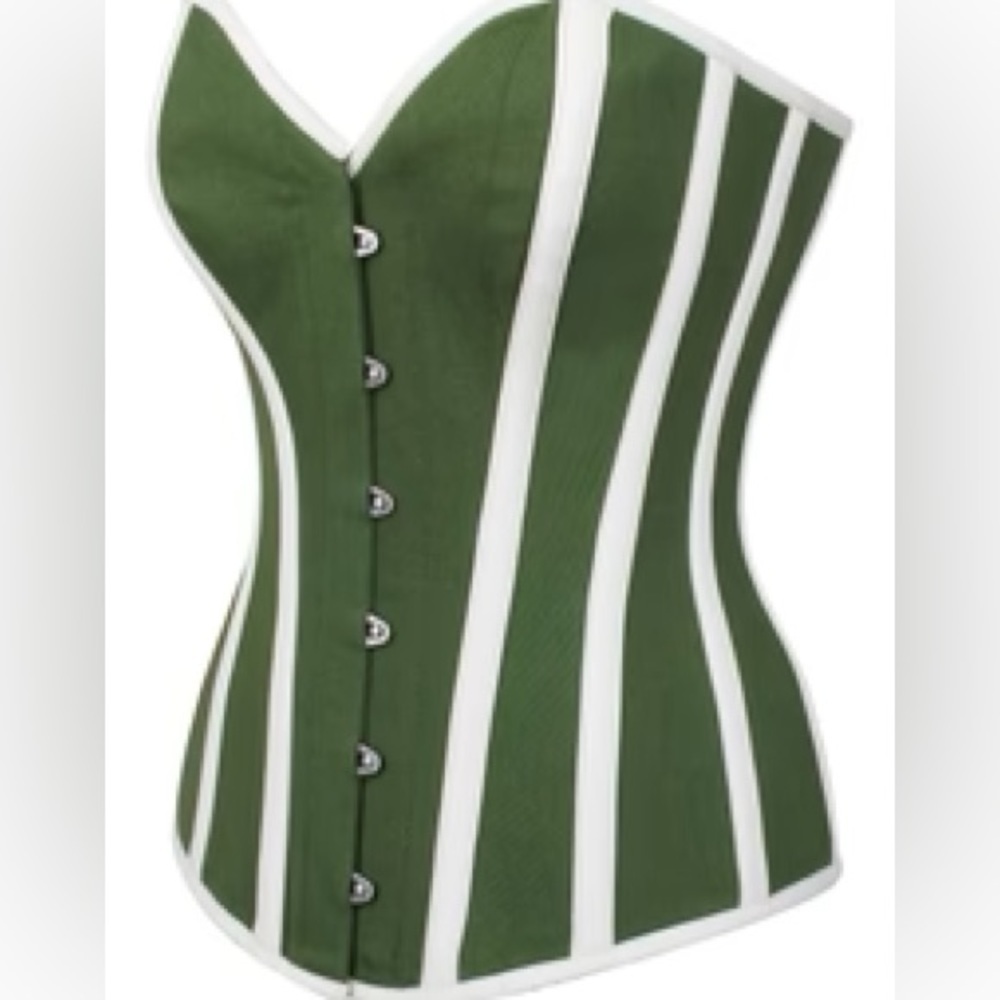 Corset Story. green/white cotton single layer overbust with sweetheart neck. 30"